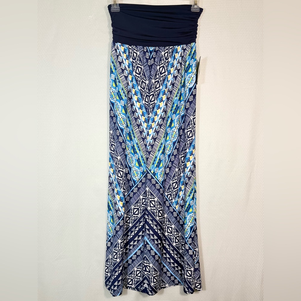 I.N. Studio Navy, Light Blue & Yellow Patterned Maxi Skirt